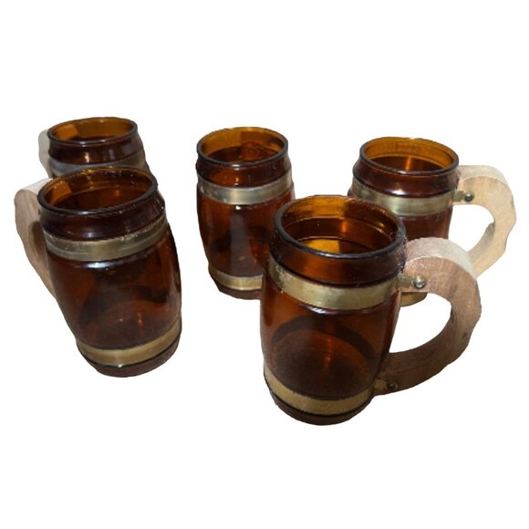 Vintage 1960s Siesta Ware Amber Glass Barrel Mugs Set Of 5 With Wooden Handles & - Picture 5 of 10